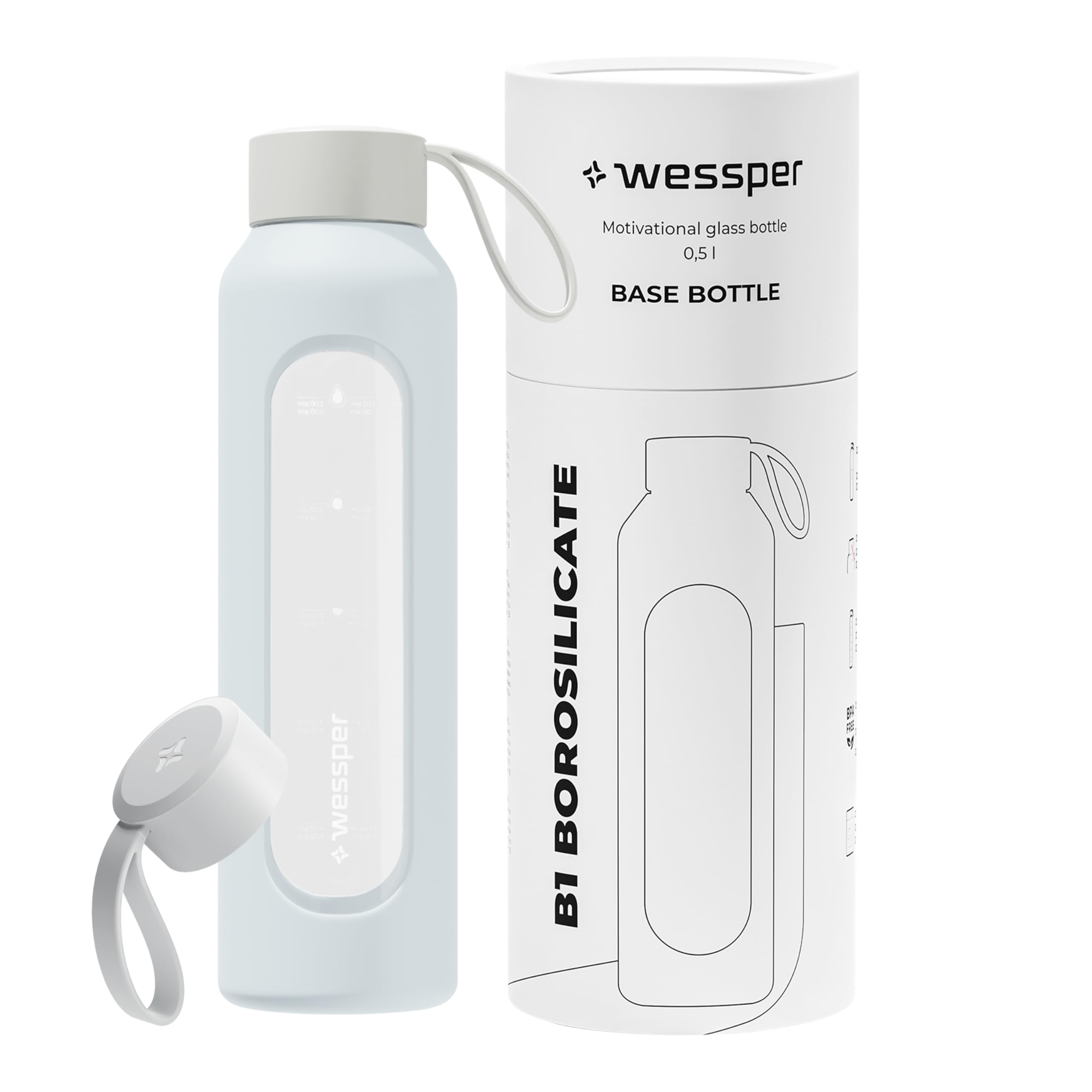 Wessper Botella de Agua Cristal, Botella 500 ml Motivadora con Escala de Hidratación, Botellas de Vidrio Borosilicato con Funda de Silicona, Material Seguro sin BPA - Violeta — view 11