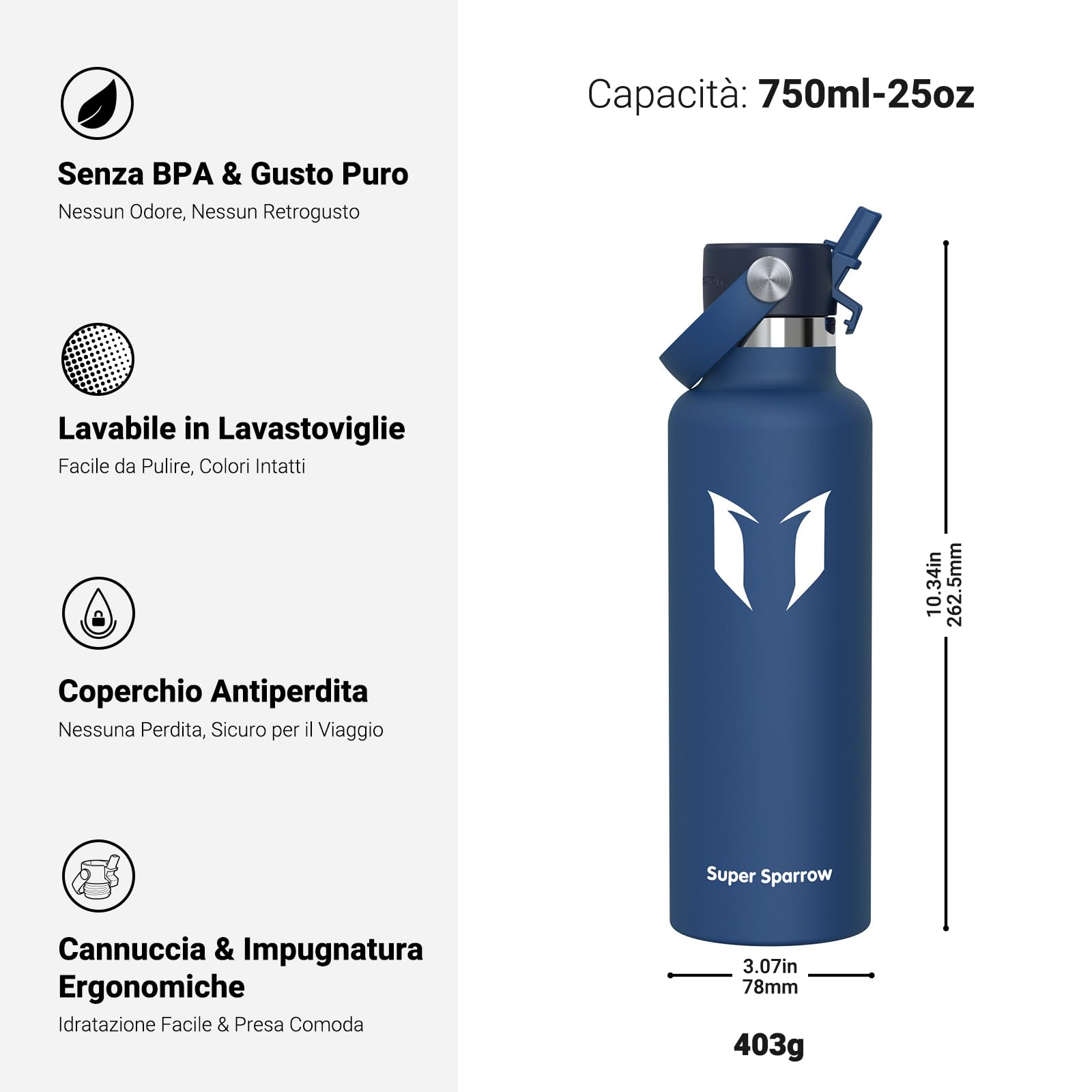 Super Sparrow Borraccia Termica, Acciaio Inox Bottiglia Termica - 350ml, 500ml, 750ml, 1L - Senza BPA Borracce, Borraccia Bambini per Scuola, Sport, Campeggio, Yoga, Palestra, Ciclismo
