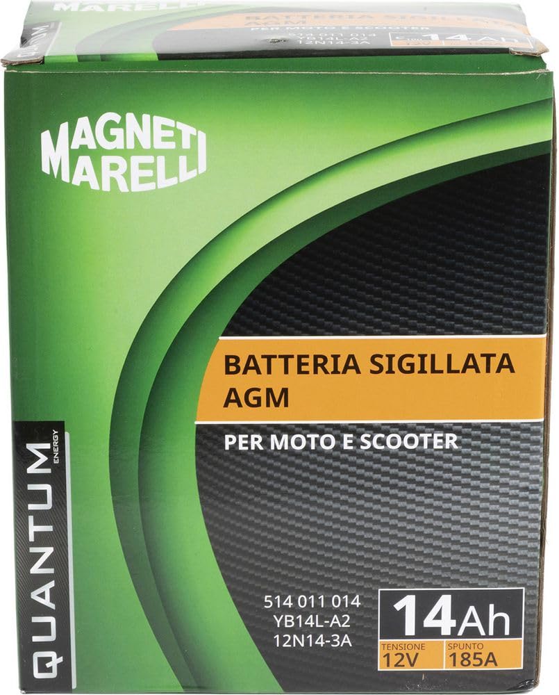 Quantum Energy Batería Magneti Marelli para motocicletas y scooters, 14 Ah, 12 V, 185 A, sellada, tecnología AGM, polo positivo izquierdo