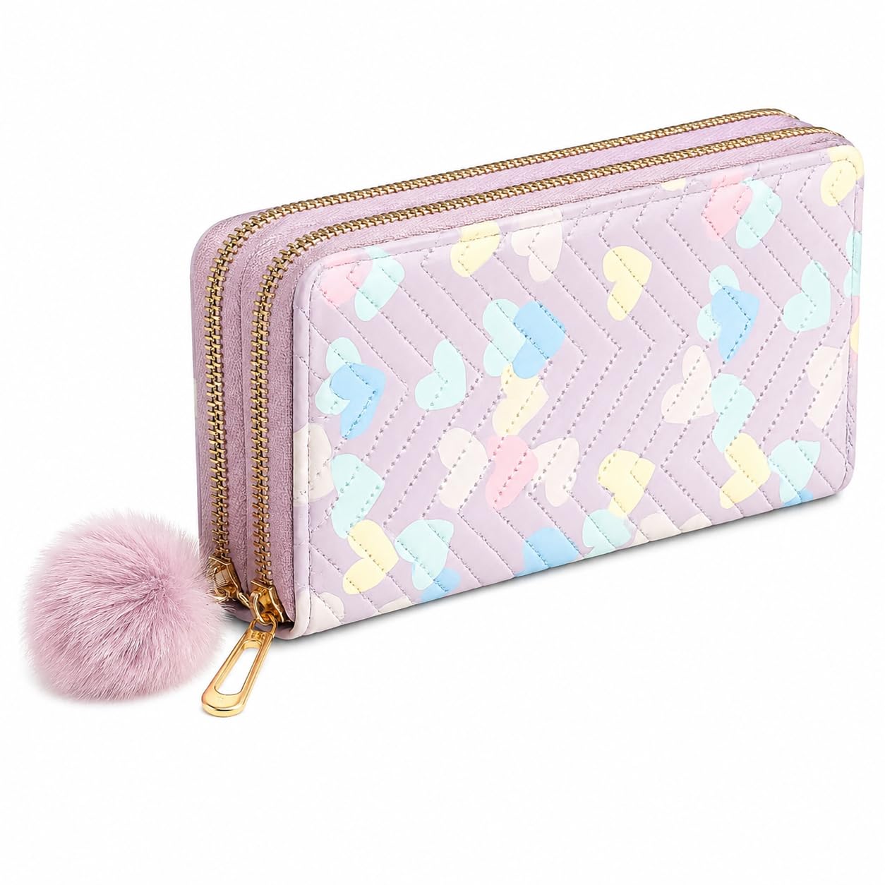 Women’s Wallet Double Zipper Ladies Purse PU Leather Clutch Wallet | Large Capacity Zip Around Clutch Purse | Card Holder, Cash Organizer & Coin Pocket | Heart Print with Charm | Lavender-image-30