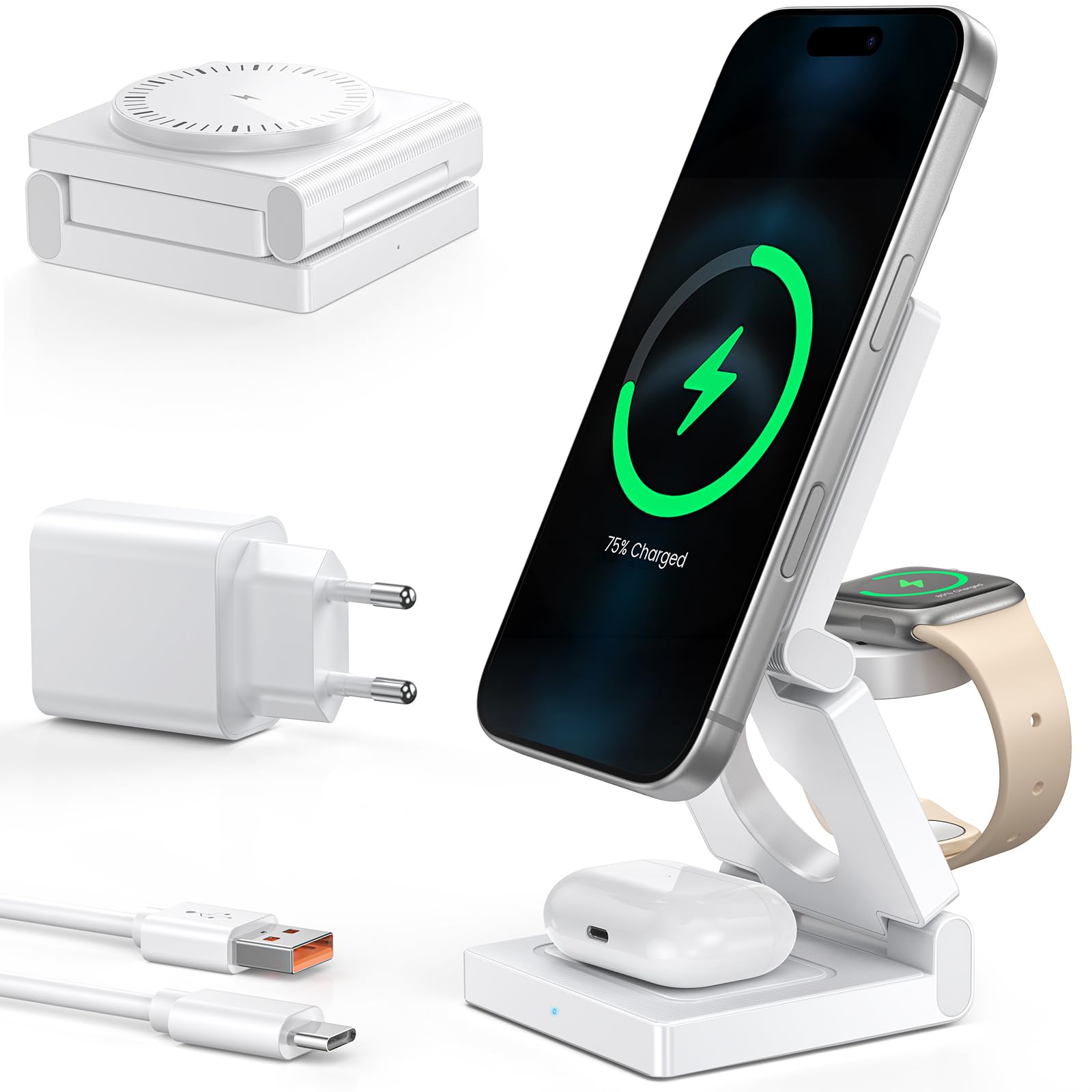 3 in 1 Induktive Ladestation Kompatibel mit MagSafe Ladegerät,Faltbare Wireless Charger Ladestation,18W Reiseladeständer für iPhone 17 16 15 14 13 12 Pro/Pro Max/Plus/Watch & Airpods alle Serien