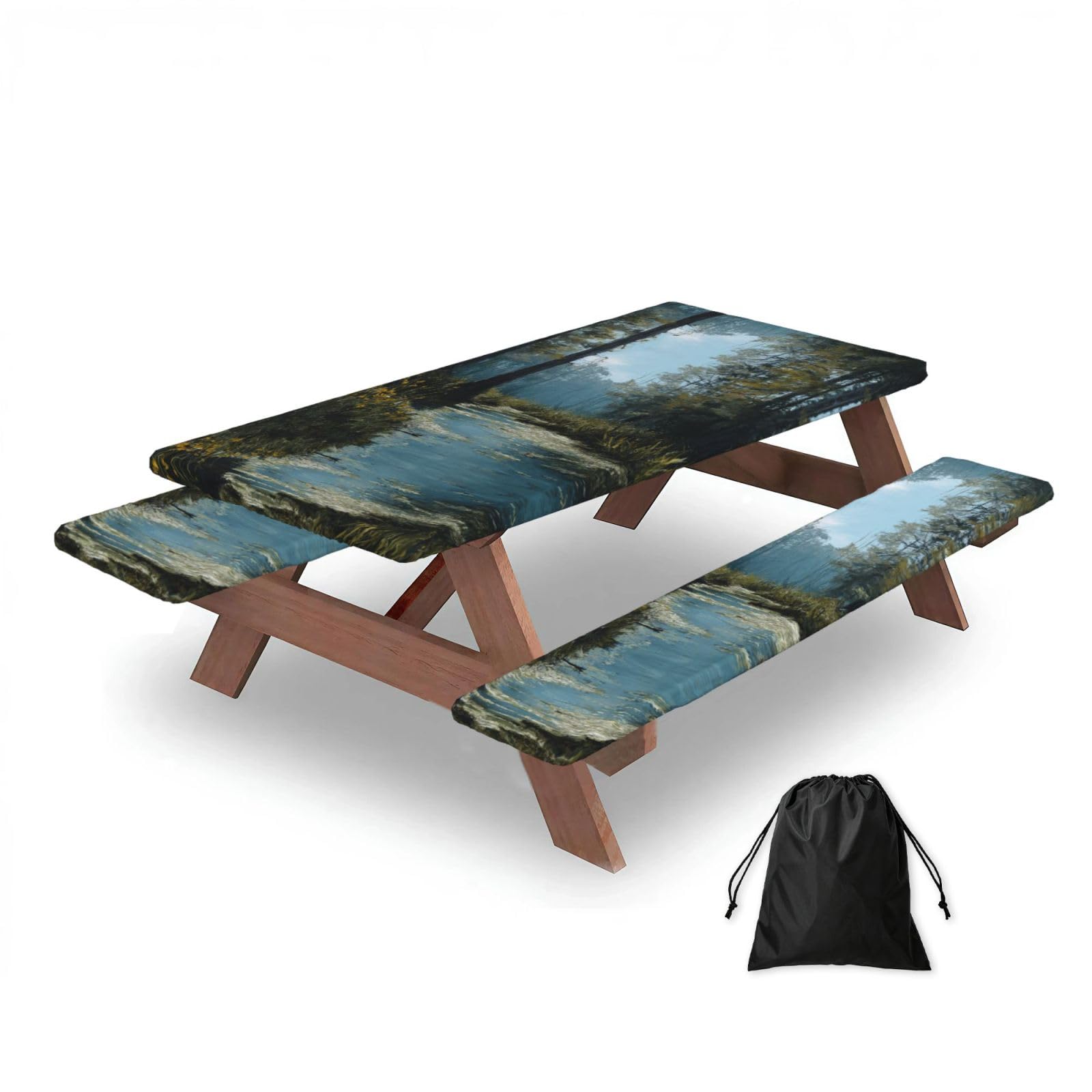 ESNAIUVCD Swamp Wetland Print Picnic Table Cover With Bench Covers,Camping Essentials,Fitted Tablecloth Cover With Elastic Edge, For Indoor & Outdoor 3 Pcs
