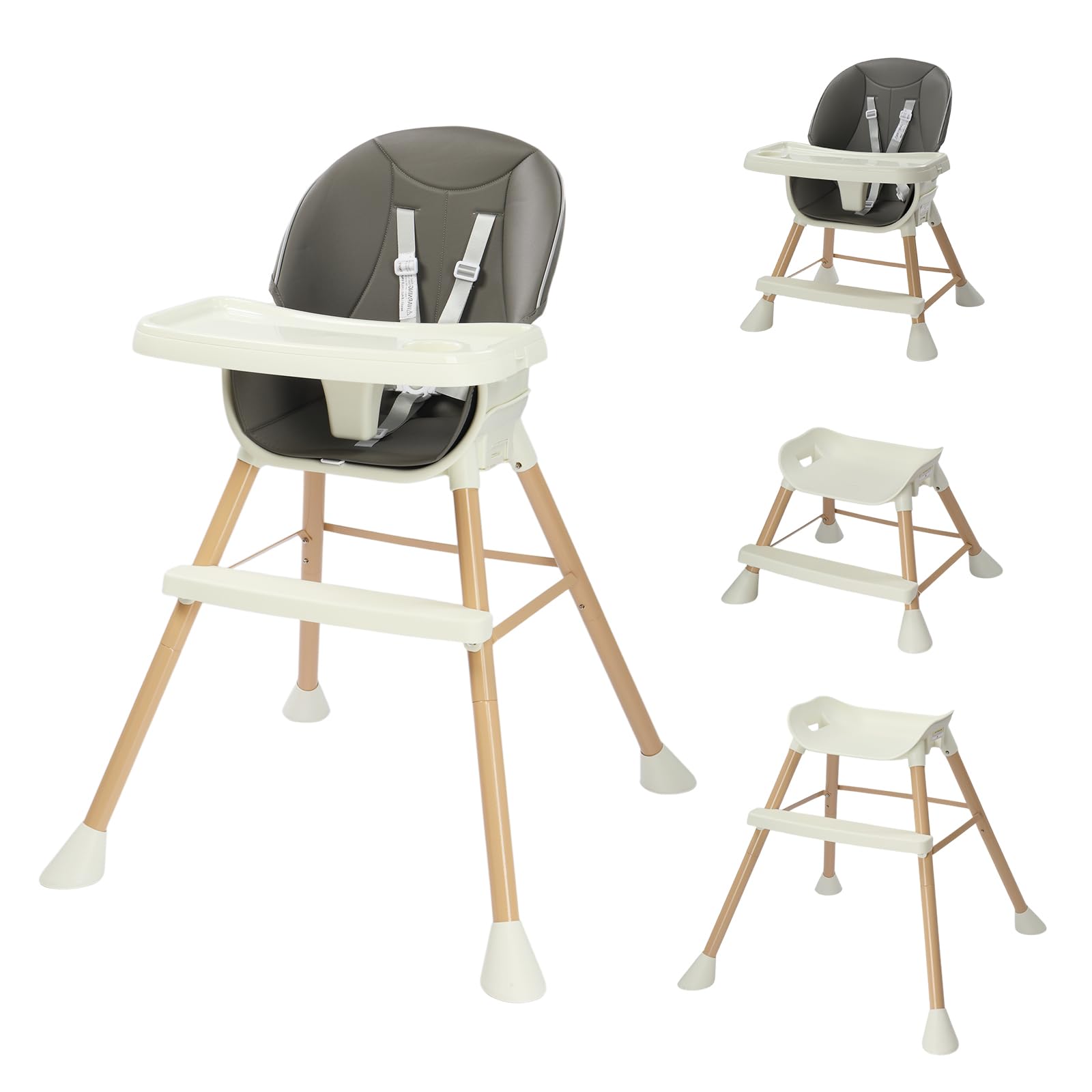 BONNLO Chaise Haute Bébé Évolutive, Pieds Fixes, Structure Renforcée, 4 KG Léger, 68x68x93cm, Réglable en Hauteur, Ceinture 5 Points, Fixation sur Chaise Adulte, Nettoyage Facile (Gris foncé)