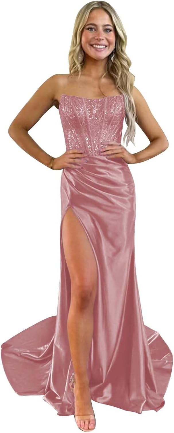 Sparkly Satin Prom Dresses Mermaid Strapless Evening Party Gown for Women Maxi Cocktail Gowns with Slit