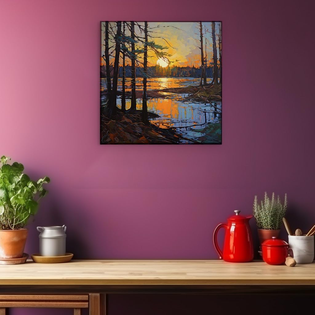 Canvas for Living room. Tranquil Wilderness at Dusk: A Painting of Serenity in Sun's Embrace, 27 x 18 inch Canvas Wall Art - Contemporary Masterpieces - Modern Home Decor