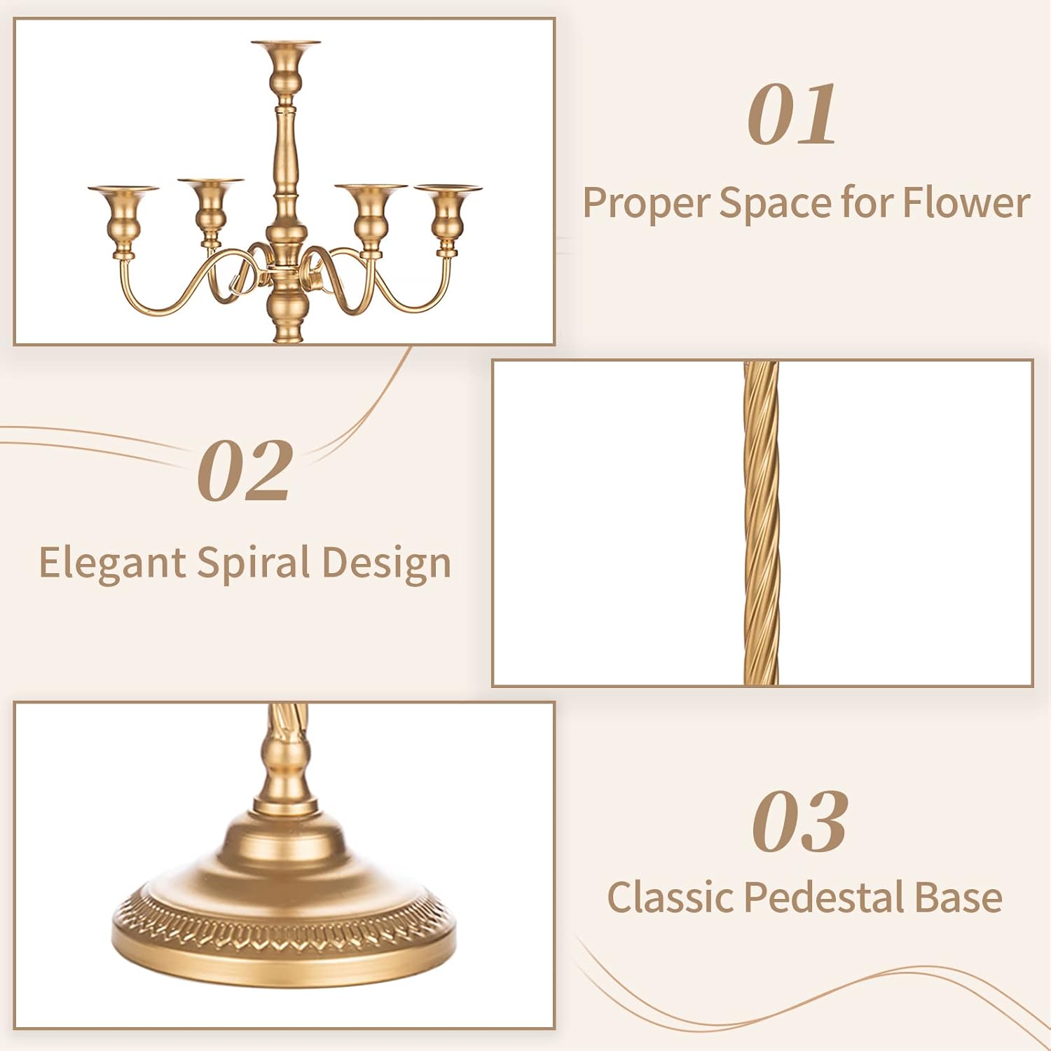 Sziqiqi Gold Floor Candelabra Candle Holder for Centerpiece - Tall 5 Arm Candlesticks Holders Metal Taper Candle Holder for Table Floral Centerpieces for Wedding Party Banquet - Image 6