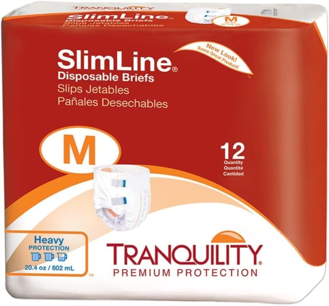 Slimline Original Adult Disposable Brief, Medium, Incontinence Care with a Slimmer Fit, Peach Mat Core& Kufguard Technology for Max Comfort, Latex-Free, 20.4oz Capacity, 12ct Bag