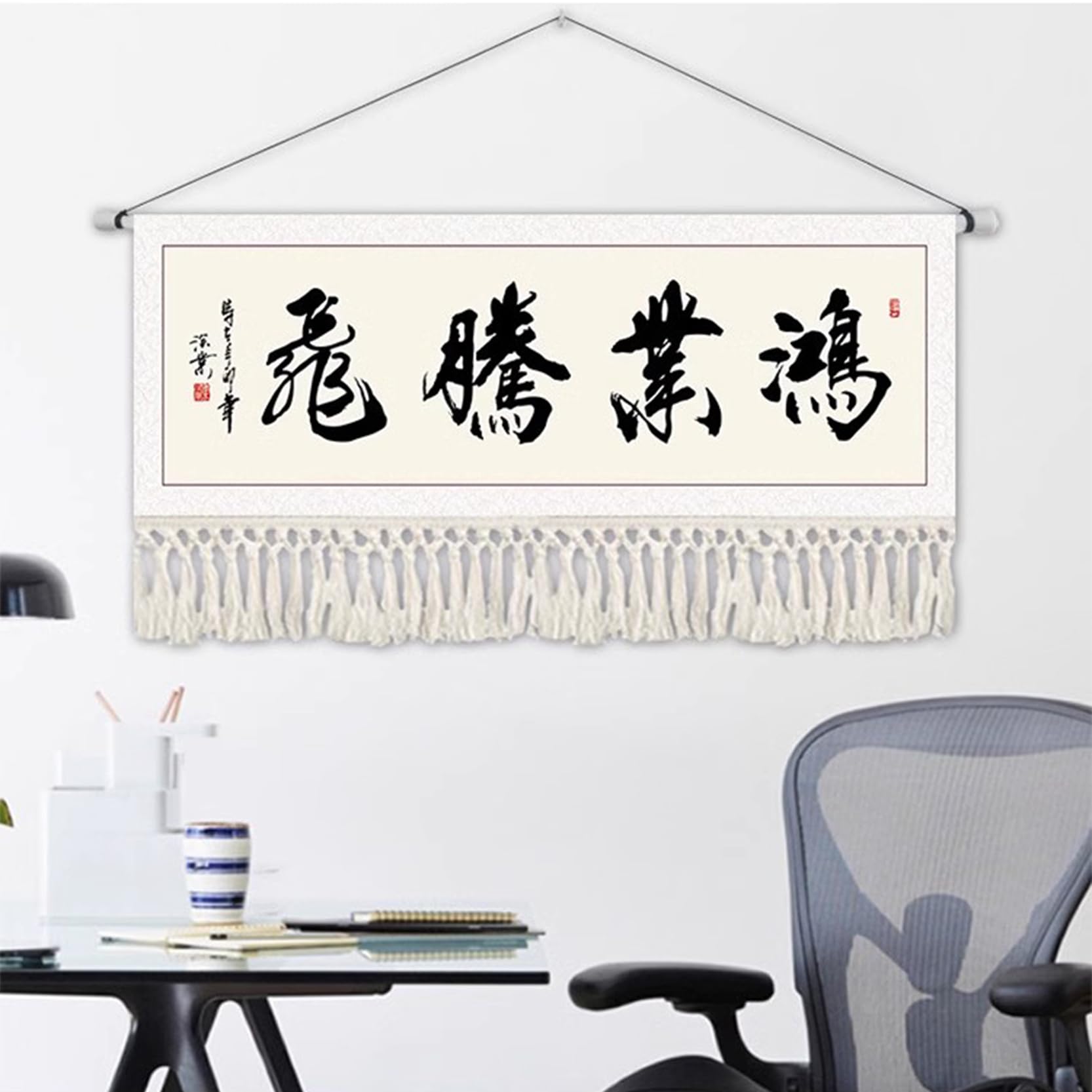 Tapiz Grande para Colgar en la Pared de macramé,Estilo nórdico,NO Hanging Rod,Tapiz de Pared con borlas de cordón de algodón, Pancarta Moderna de Lino y algodón decoración,G-120x40cm