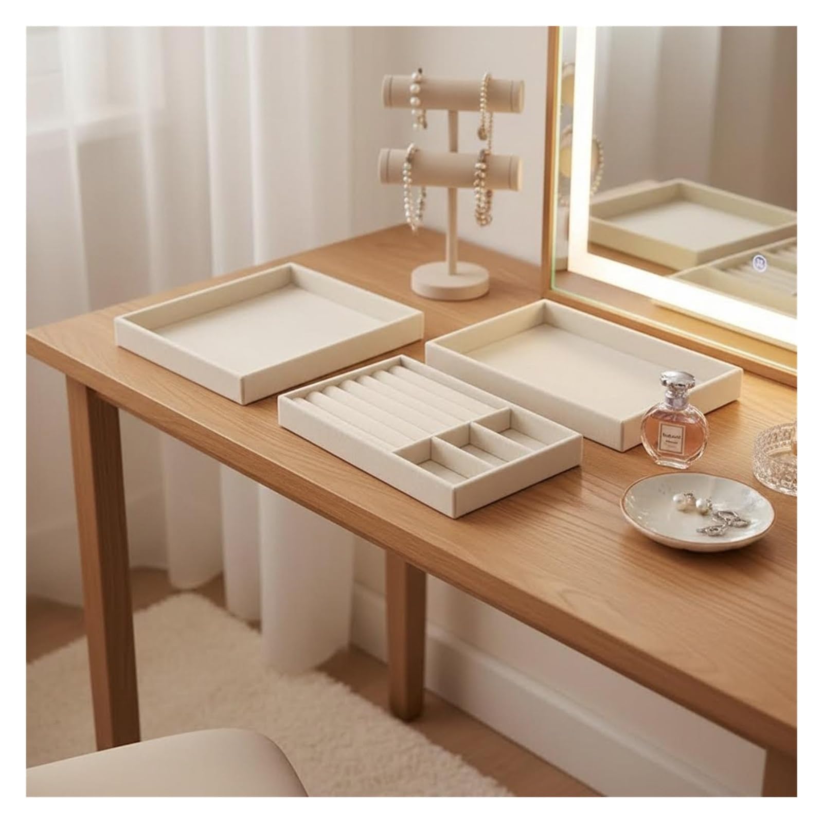 Plateau Bijoux Présentoir à Bijoux en Velours Porte-Bijoux Exquis Portable Bague Boucles d'oreilles Collier Organisateur Boîte de Rangement Organisateur Plateaux Beige