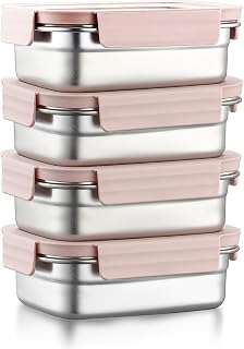 Misichao Small Stainless Steel Food Storage Containers with Lids - Stackable Food Storage Containers, Leak-Proof, Reusable Metallic Bento Boxes for Lunch (Pink, 650mlx4)