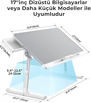 Bix SAIJI K7 Mini Dizüstü Yatak Tepsi Masası, Kaymaz PVC Deri ile Dizüstü Çalışma Masası, Ayarlanabilir Dizüstü Bilgisayar Standı Çok Amaç için Kullanılabilir Masa Gümüş