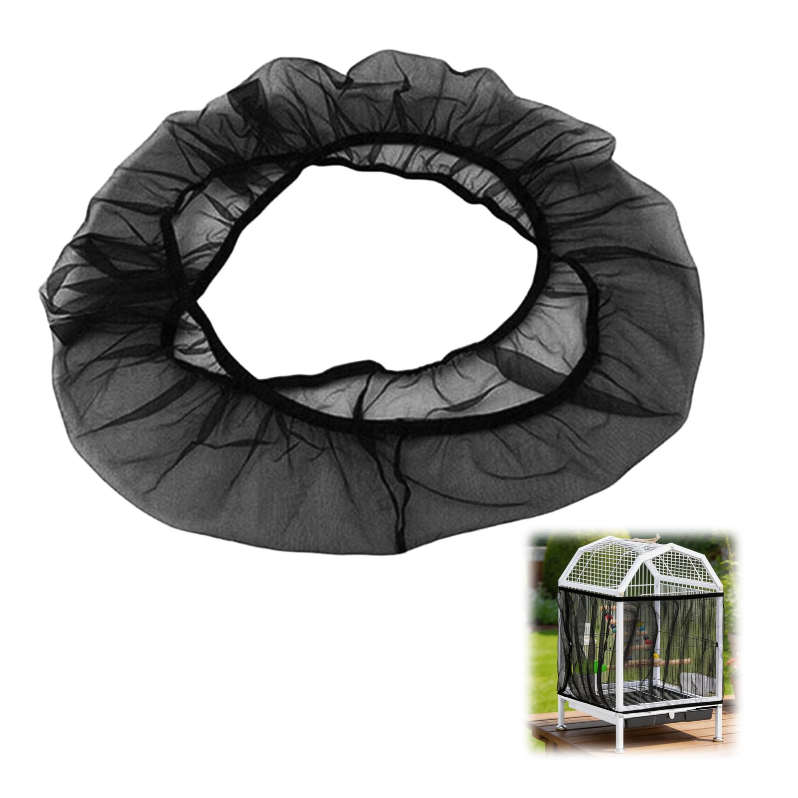 Shensuii 1Pcs Bird Cage Cover, Black Universal Birdcage Covers, Breathable Nylon Mesh Seed Catcher Guard, Adjustable Bird Cage Accessories, Stretchy Dustproof Ventilate Cover for Parrot Budgie Cages