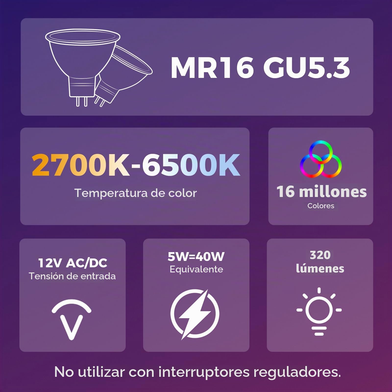DiCUNO Bombilla LED Inteligente WiFi GU5.3, 5W Equiv. 40W, RGBCW, Pack de 4 | Regulable multicolor 2700K-6500K, 320lm, MR16 Smart LED Compatible con Alexa/Google Home, No se Requiere Concentrador