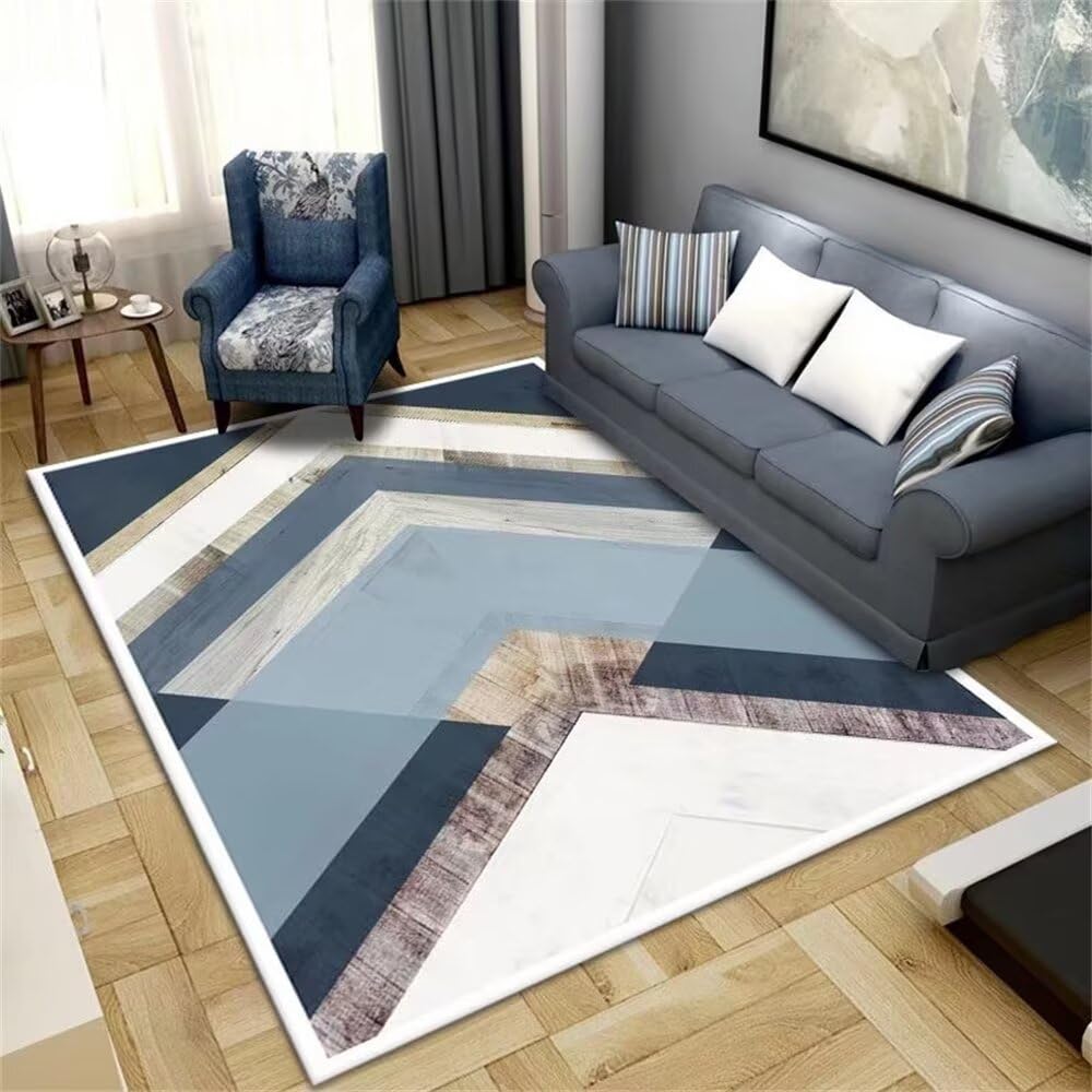 Grand tapis bleu géométrique 200x200 cm parfait pour les chiens et la cuisine