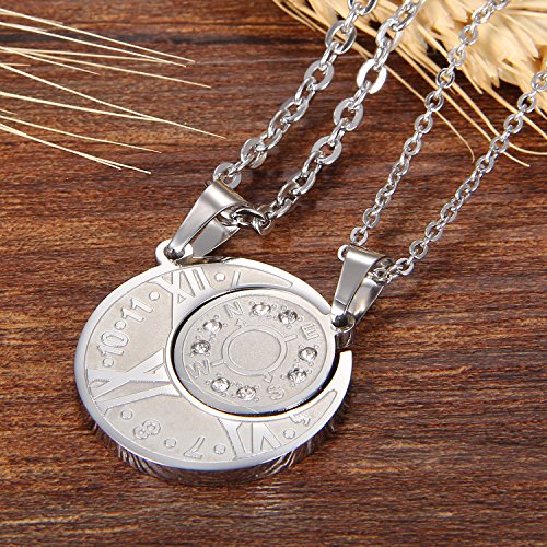 Cupimatch 2Pcs Couple Necklace Stainless Steel Numeral Compass Sun& Moon Matching Pendant With Chain (Necklaces) (Silver) #TOP1