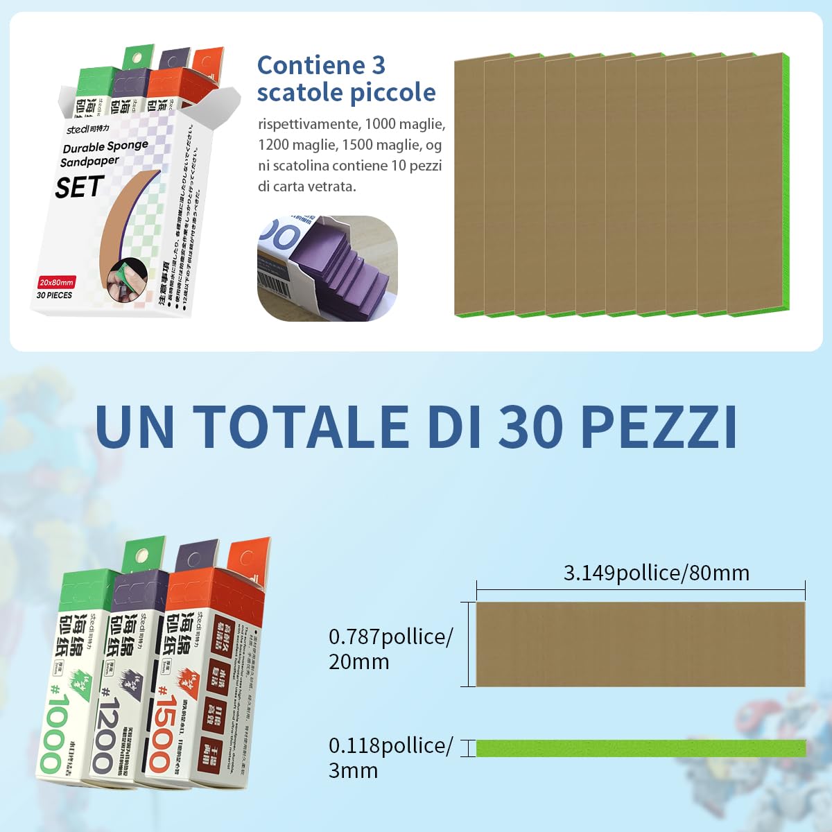 stedi Spugna abrasiva per edifici Gundam, 3 mm, per hobby, modellismo, blocco di levigatura a mano, impermeabile, a secco, riutilizzo, carta vetrata gundam grana #1000#1200#1500, 30 fogli