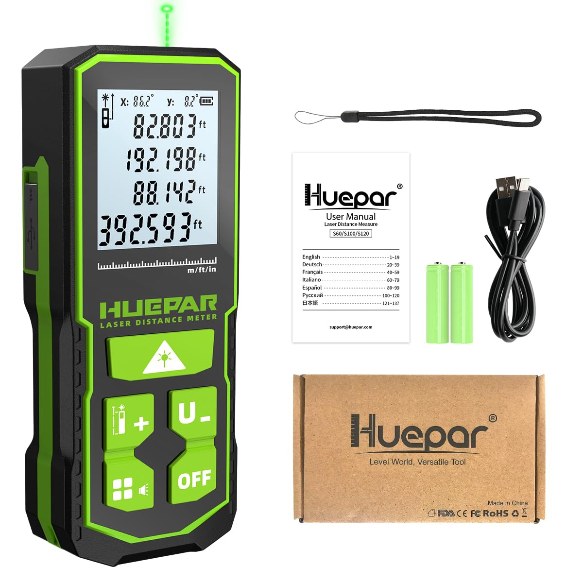 393FT Professional Green Laser Measuring Tool with Angle Sensor, Huepar 1/16in Accuracy Laser Distance Measurement Tool, Digital Laser Room Measuring