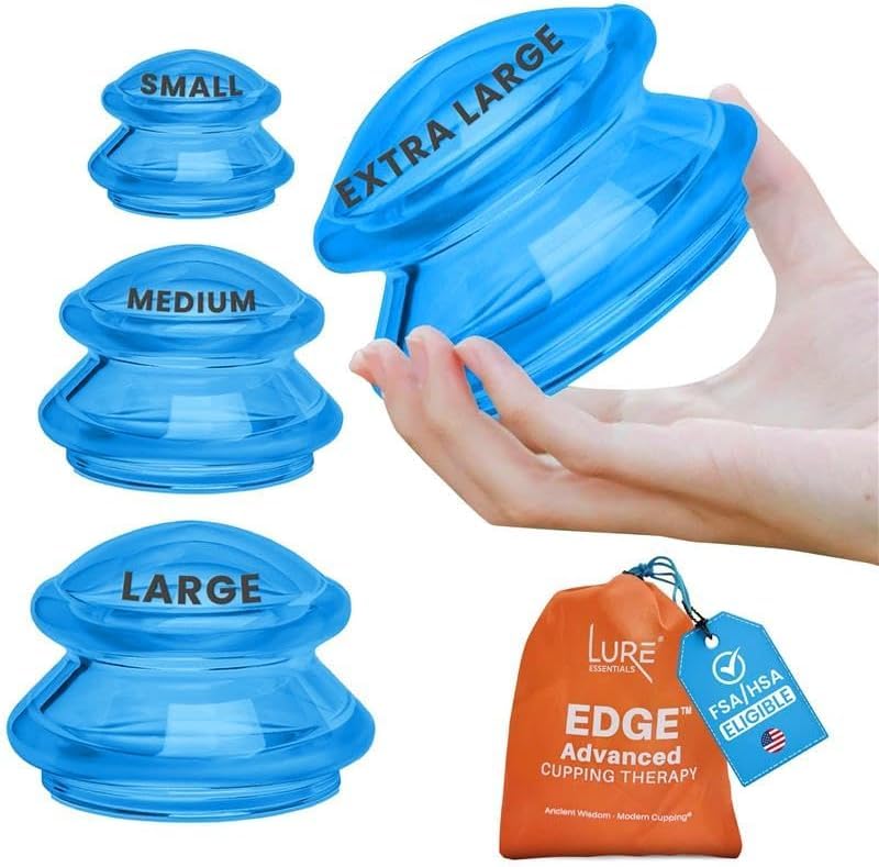 Lure Essentials Edge Cupping Set – Ultra Clear Blue Silicone Cupping Therapy Set for Cellulite Reduction and Myofascial Release - Massage Therapists and Home Use (Set of 4, Blue)