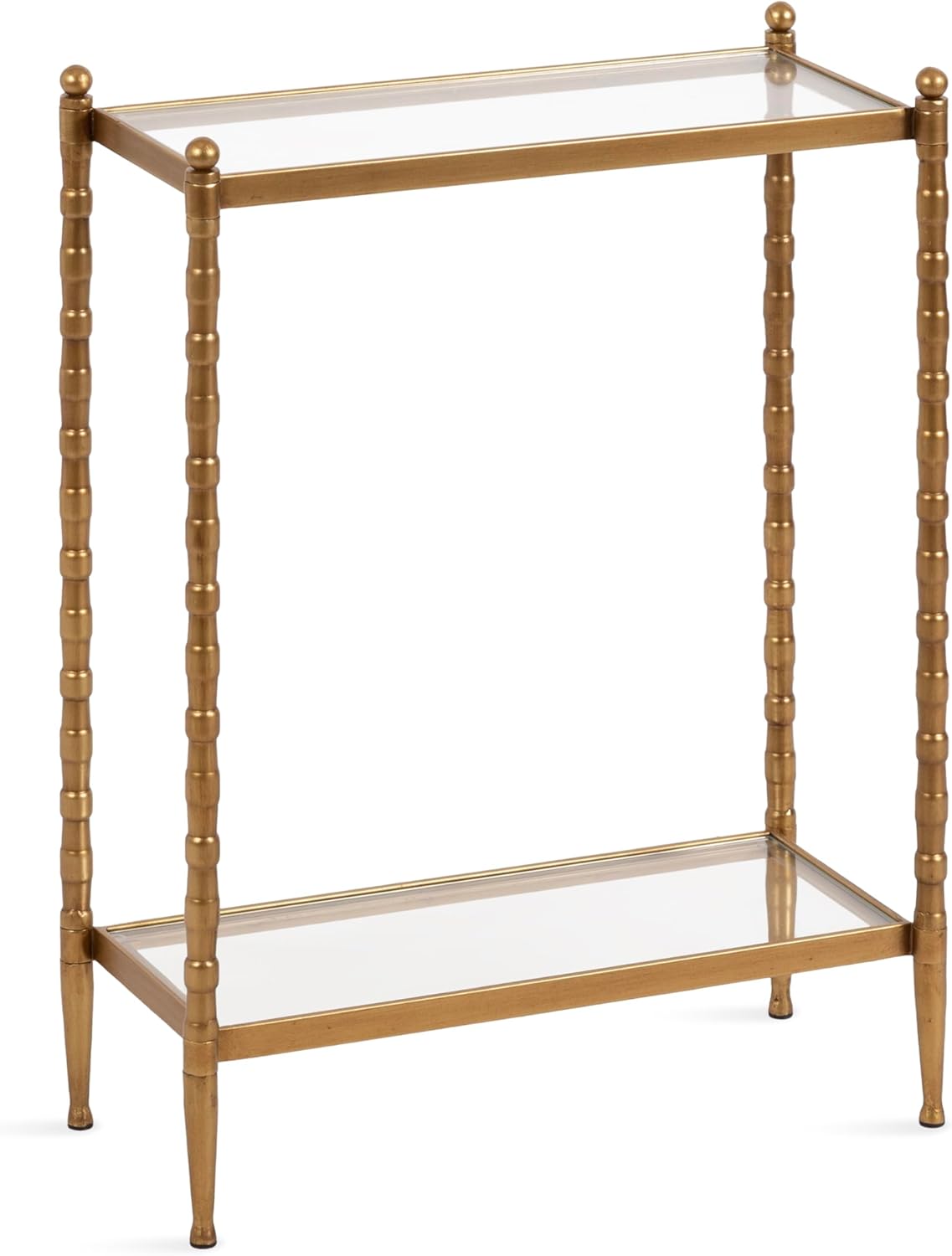 Kate and Laurel Prisha Traditional Metal Skinny Side Table, 18 x 8 x 25, Clear Glass and Gold, Vintage Rectangular Slim Bedroom Nightstand with Glass Tabletops for Use as Living Room End Table