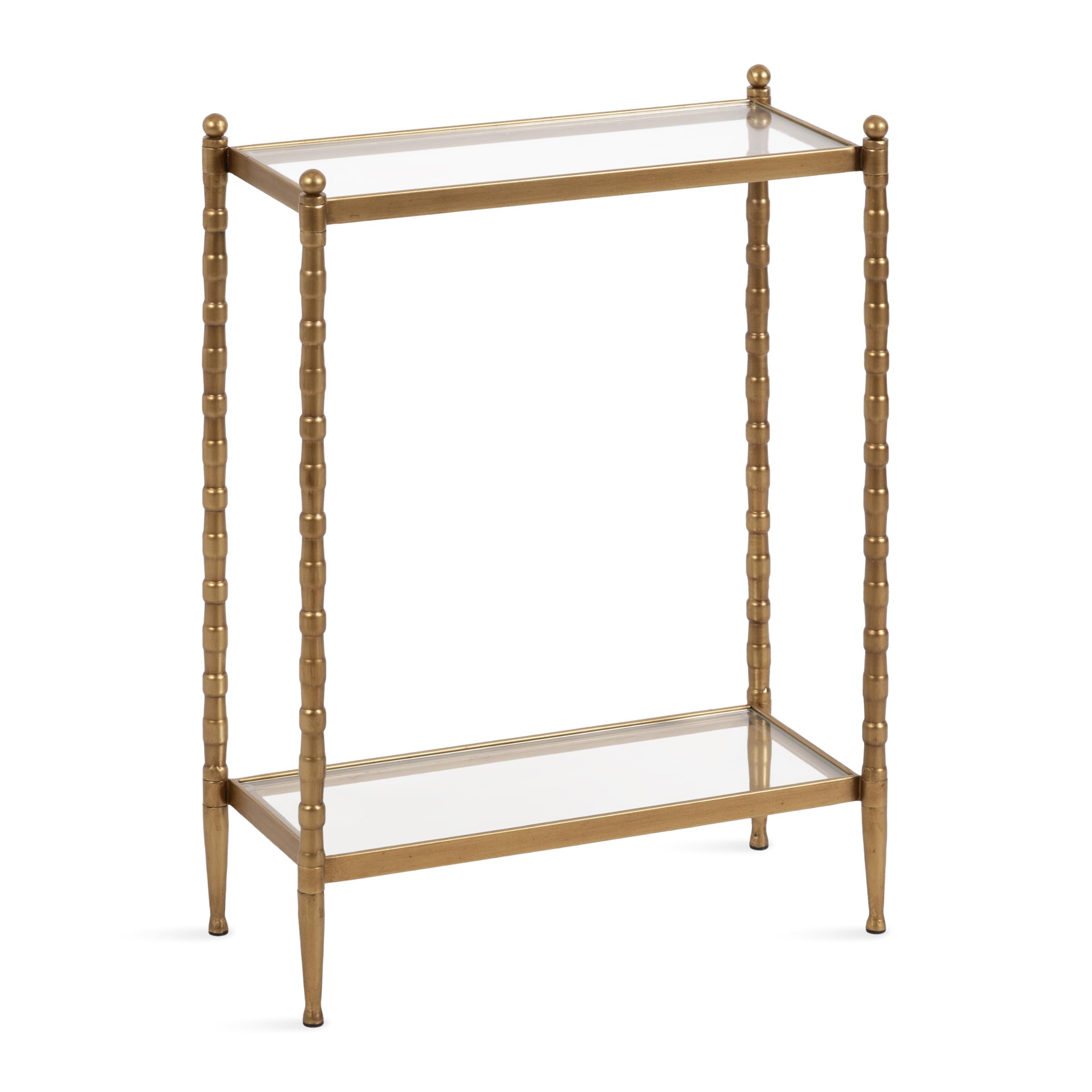 Kate and Laurel Prisha Traditional Metal Skinny Side Table, 18 x 8 x 25, Clear Glass and Gold, Vintage Rectangular Slim Bedroom Nightstand with Glass Tabletops for Use as Living Room End Table