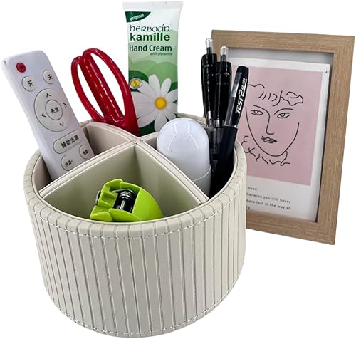 Miniatura 6 de Arniche Soporte redondo de cuero sintético para control remoto para mesa, organizador de escritorio giratorio de 360, 4 compartimentos para