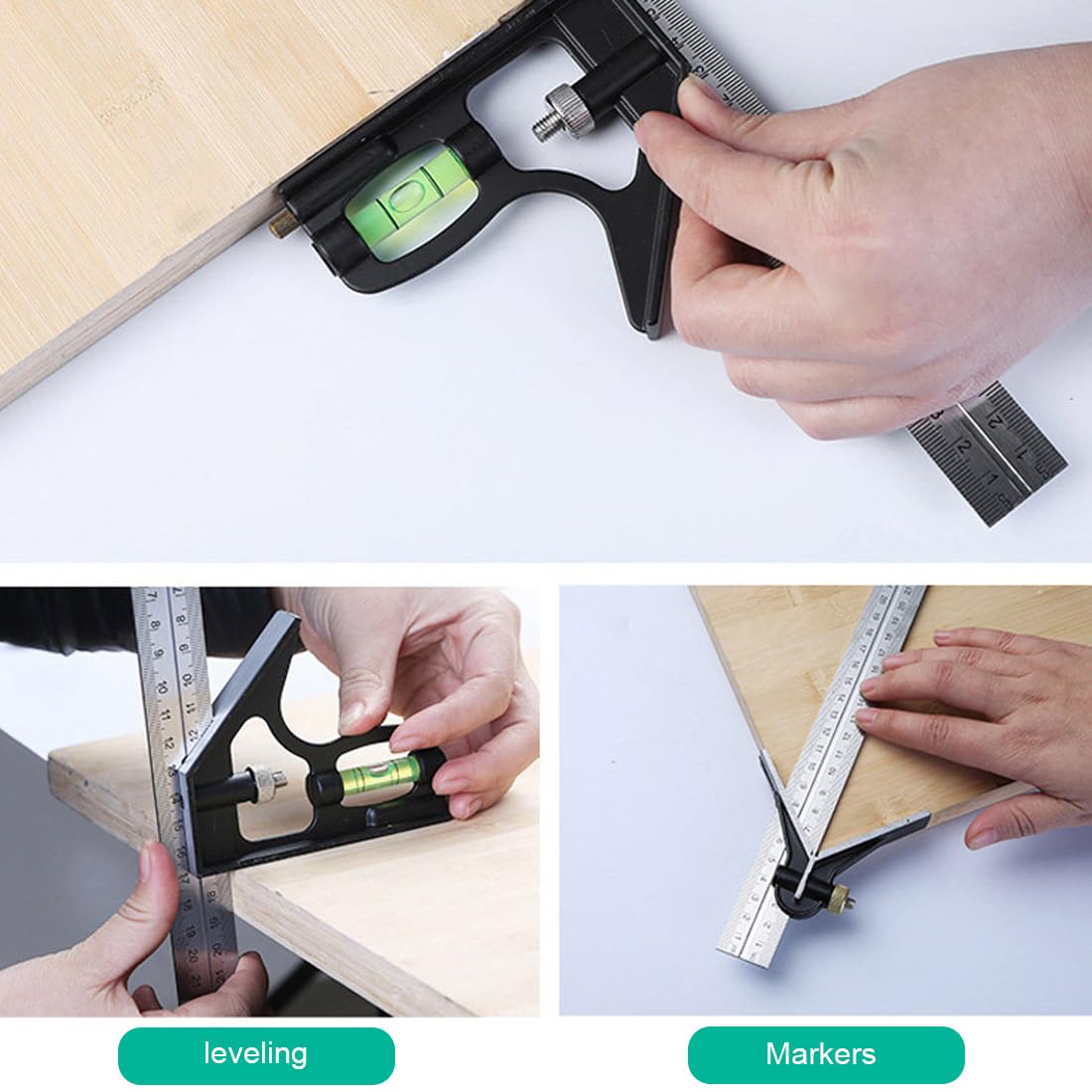 IKOPFLN Squadra Combinata Regolabile Utensili da Carpenteria Quadrati Combinati in Acciaio Inossidabile da 12 '/300 mm Righello da 45/90 Gradi con Livella a Bolla