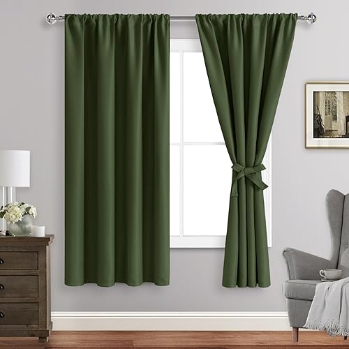 JIUZHEN Cortinas color verde oliva para dormitorio, con aislamiento térmico, oscurecimiento de habitación, cortinas con bolsillo para cortinero para