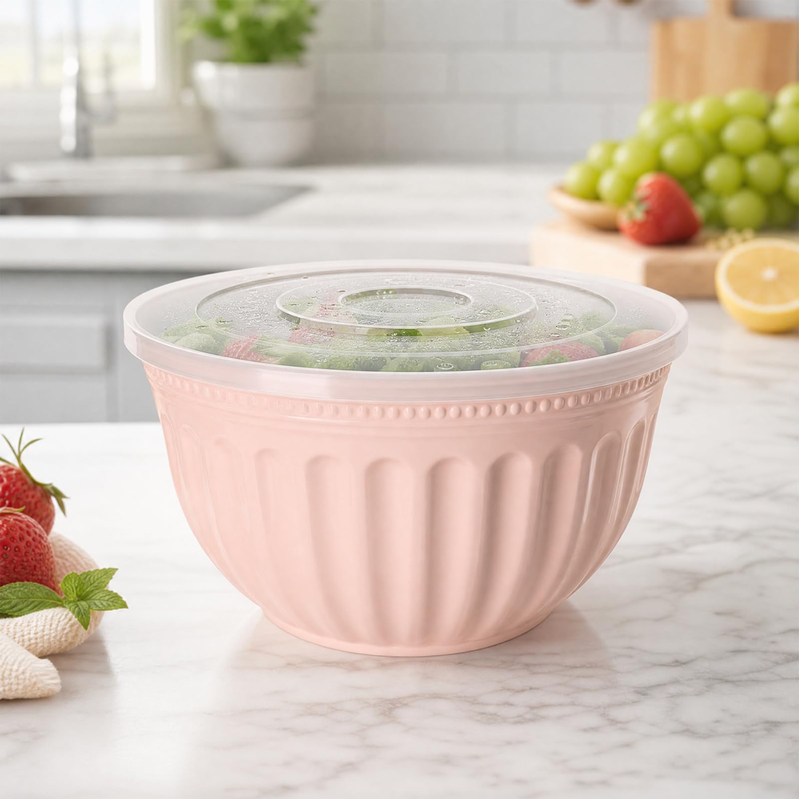 Set di 3 ciotole per insalata con coperchio, in plastica, senza BPA, impilabili, grandi ciotole per cucina, set di ciotole per miscelare, servire e conservare (rosa)