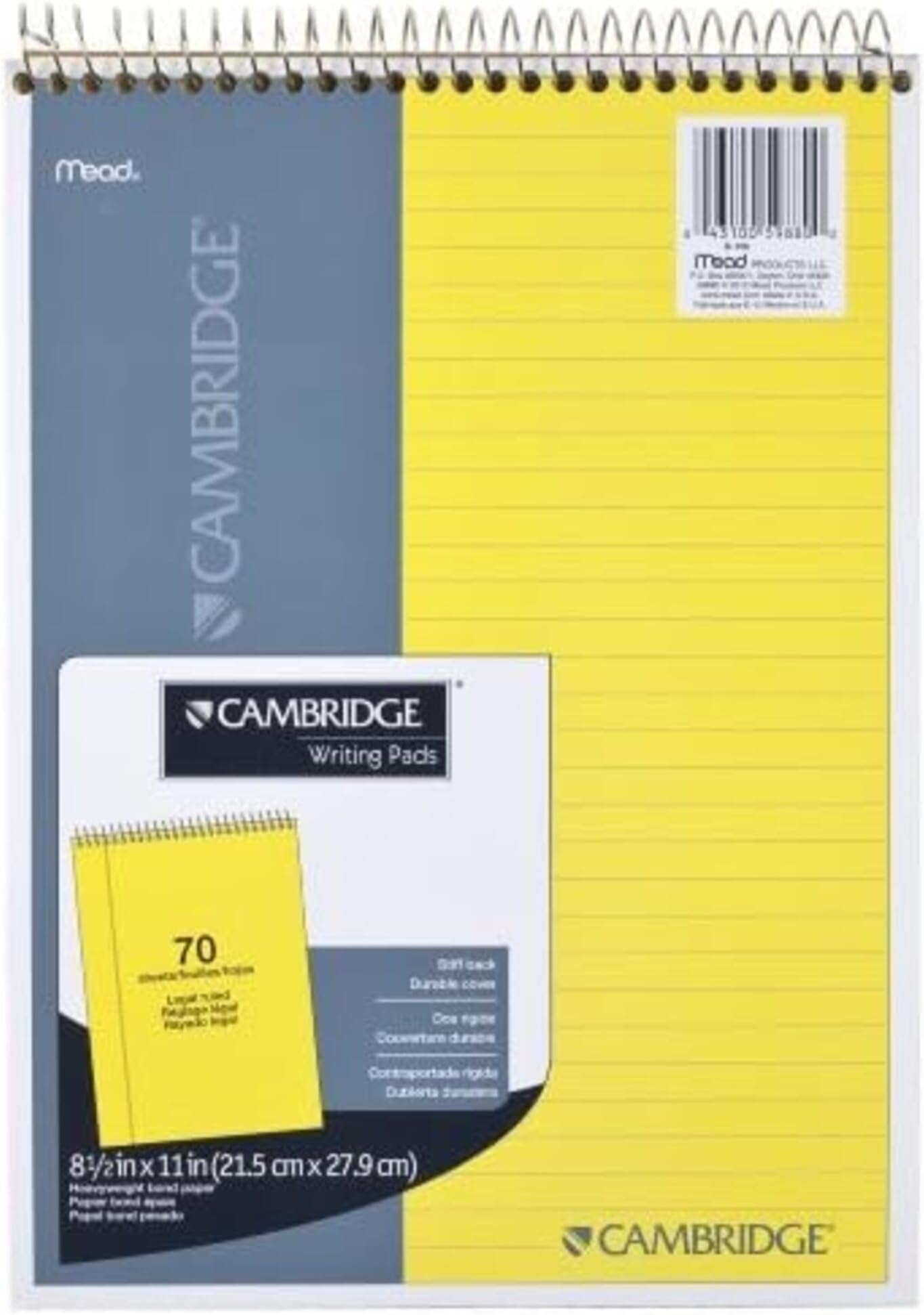Cambridge 59880 Stiff Back Wire Bound Notebook, Legal Rule, 8 1/2 x 11, Canary Paper, 70 Sheets
