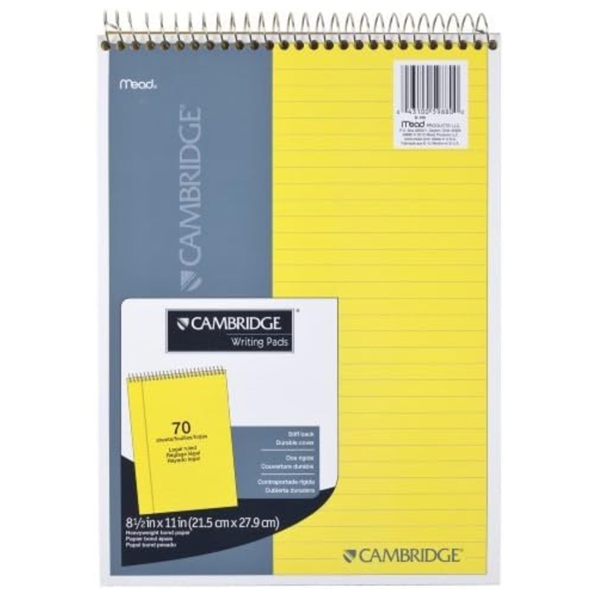 Mead Cambridge 59880 Stiff Back Wire Bound Notebook, Legal Rule, 8 1/2 x 11, Canary Paper, 70 Sheets