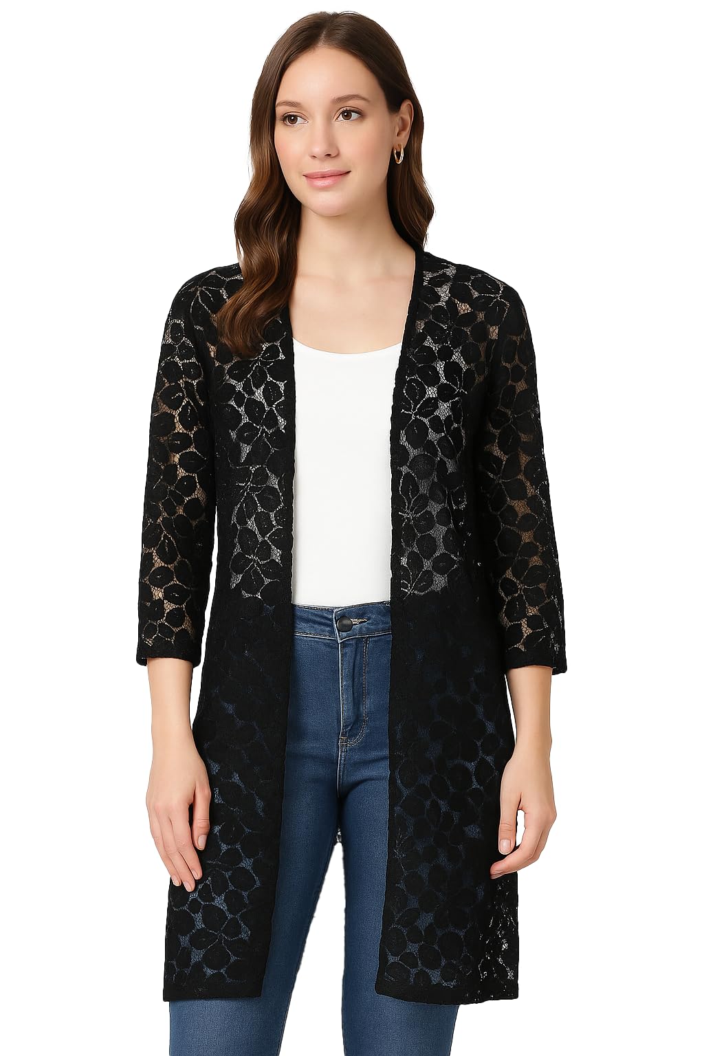 neeba Women's White Long Lace Shrug | Sheer 3/4 Sleeve Open Front Cardigan for Layering, Casual & Party Wear-picture-43