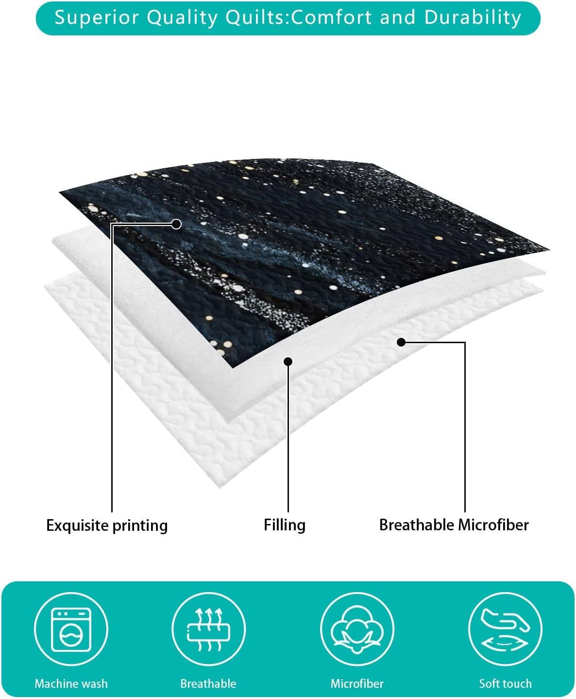 King Size Quilt Set, Abstract Marble Texture Lightweight Bedspread Coverlet Set Soft Microfiber Summer Quilt with 2 Pillow Shams, Space Starry Sky 3 Piece Comforter Bedding Set
