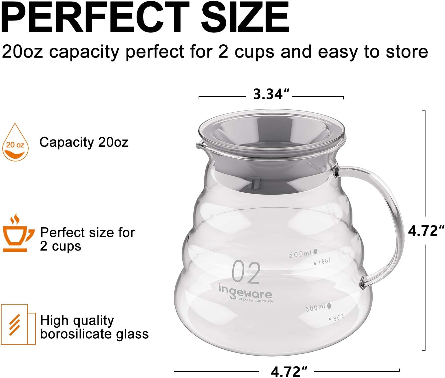  | Ingeware Glass Coffee Carafe, 600ml Pour Over Glass Coffee Server Coffee Pot Maker Clear Pour Over Carafe 20oz Capacity: Coffee Servers