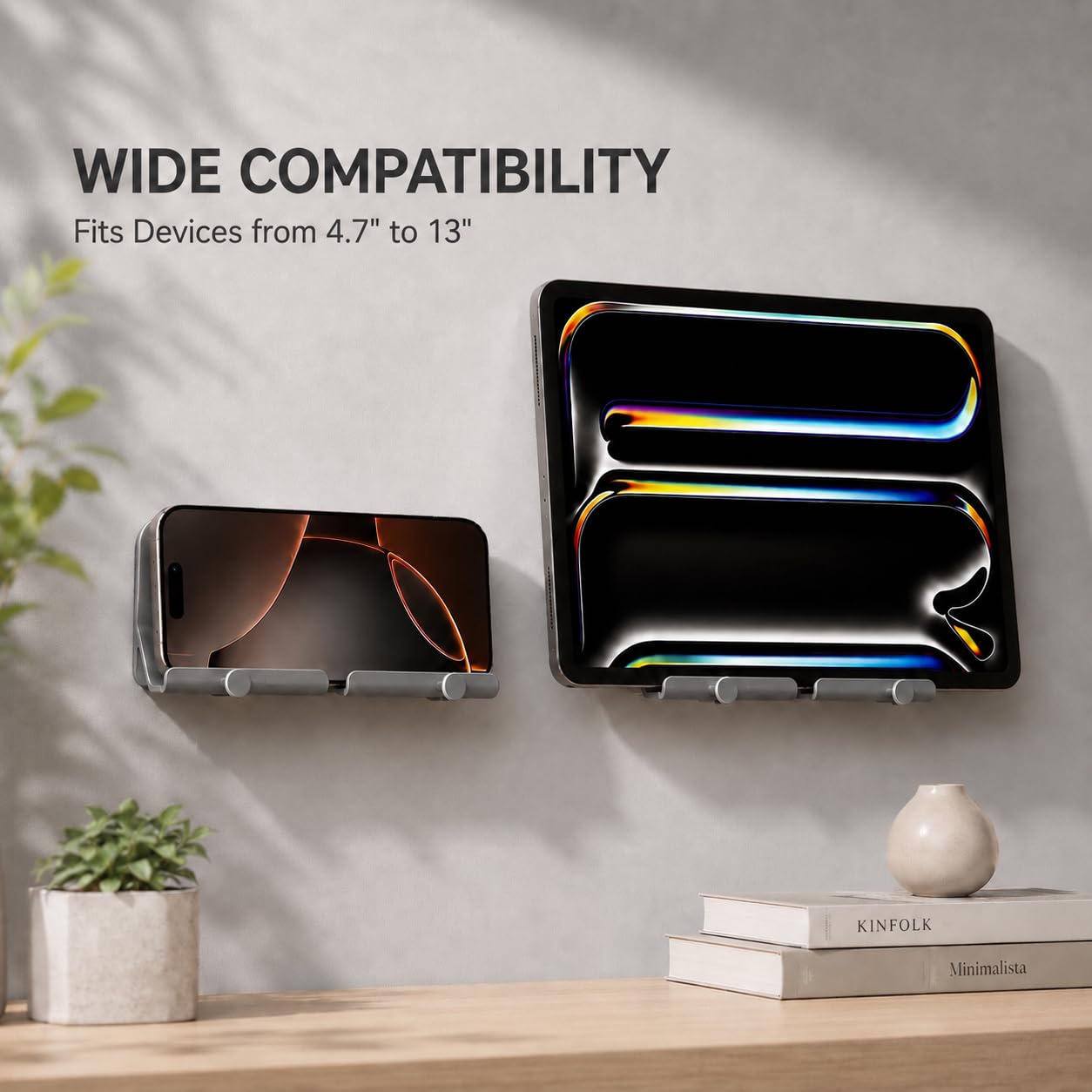 D2 - Soporte de pared para teléfono, manos libres, con adhesivo y agujero de recepción de cable de datos para ducha, carga, RV, compatible con iPhone, cables de smartphone, llaves y más (gris)