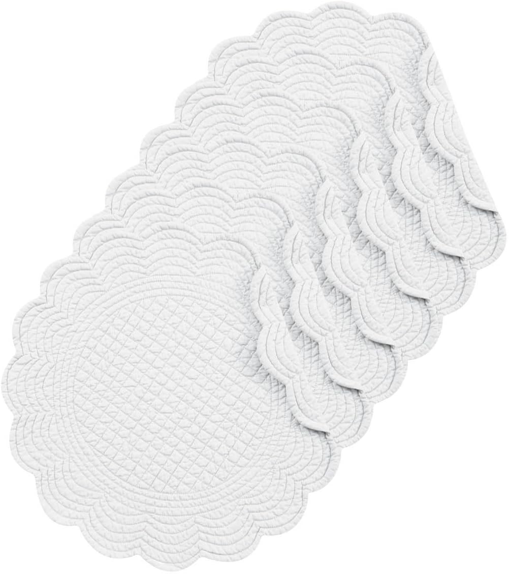 C&F Home White Round Quilted 100% Cotton Set of 6 Placemats 17" Home All Seasons Home Kitchen Dining Dinner Table Tabletop Machine Washable Scalloped Edge Decor Decoration Round Placemat Set of 6