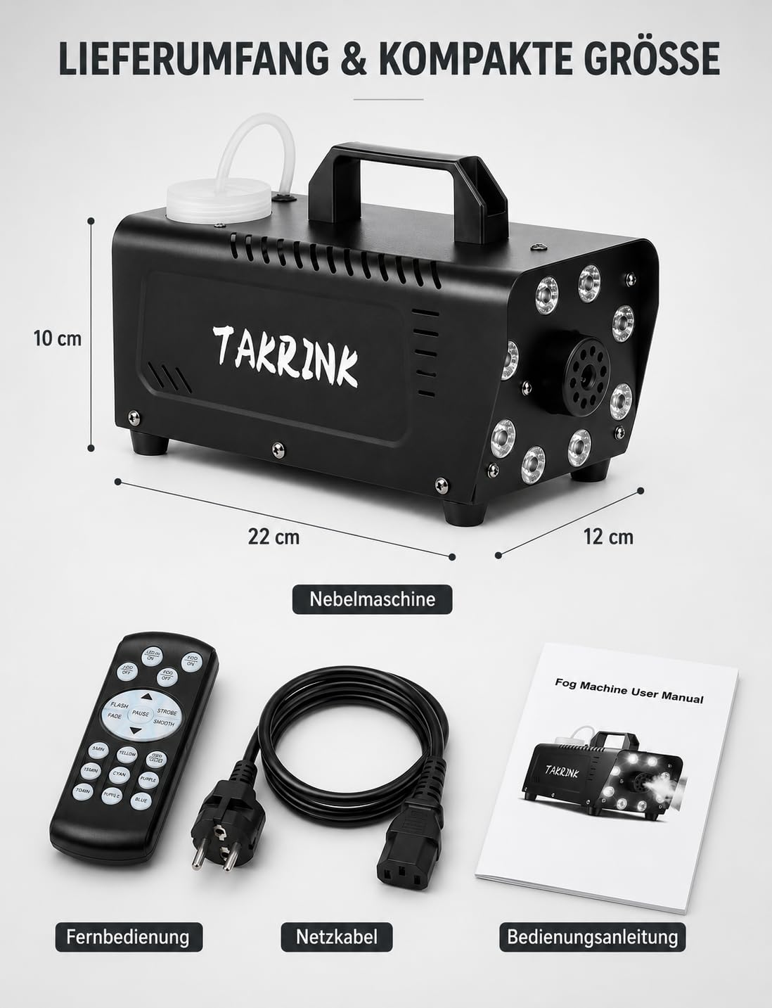 TAKRINK 900W Nebelmaschine Rauchmaschine Nebel Maschine 16 Farben RGB Lichteffekt Mini Nebelmaschine mit Fernbedienung für DJ Disco Party, Hochzeiten, Halloween und Bühnenshows(Standard) | 8 LED RGB 16 Farben Rauch Effekt Licht 0,3 L Tank und Fernbedienun