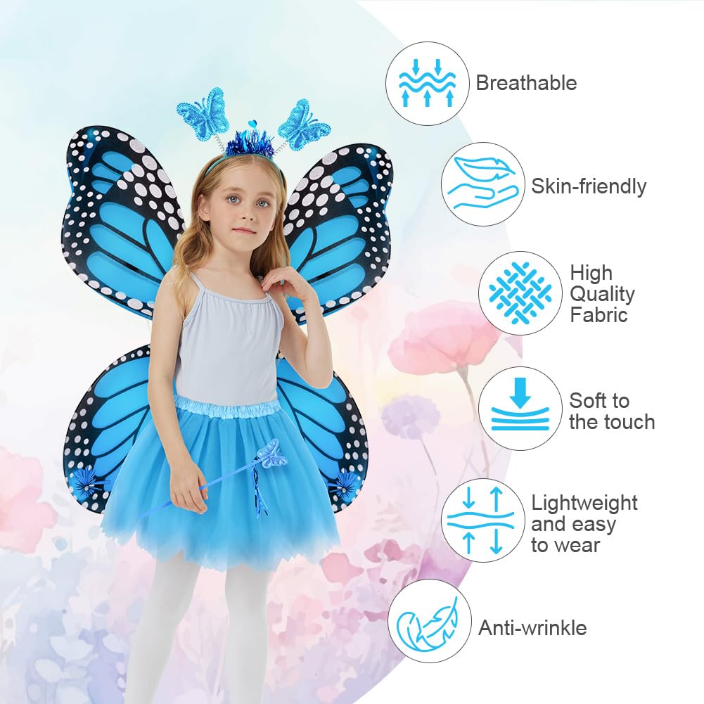 AYBUY Kids Butterfly Wings Costume, Include Fairy Wings Tutu Magic Wand & Headband, Costume Butterfly Dress Up for Girls Fancy Dress Christmas Halloween Party Cosplay,Blue - Image 4