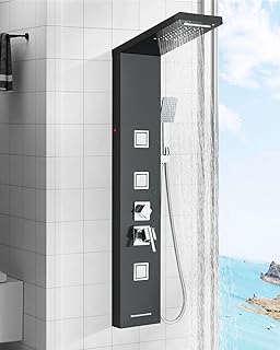 Schwarze Hydromassage-Duschsäule, 5 Funktionen Duschpaneel Regen&Wasserfall Dusche,Massagedüsen,Handbrause,Hydromassage-Duschsäule mit LED, Duschsystem aus Edelstahl für das Badezimmer.