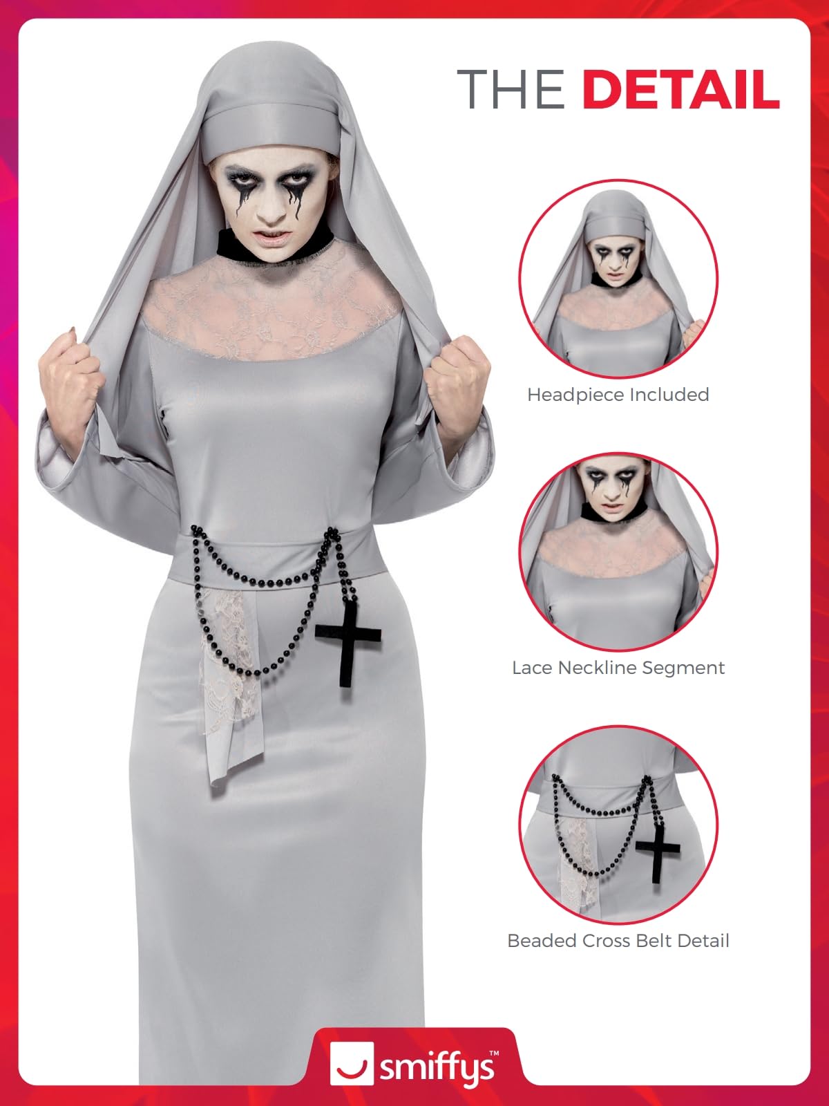 Smiffys Gothic Nun Costume, Grey with Dress & Headpiece, Halloween Adult Fancy Dress, Nun Dress Up Costumes
