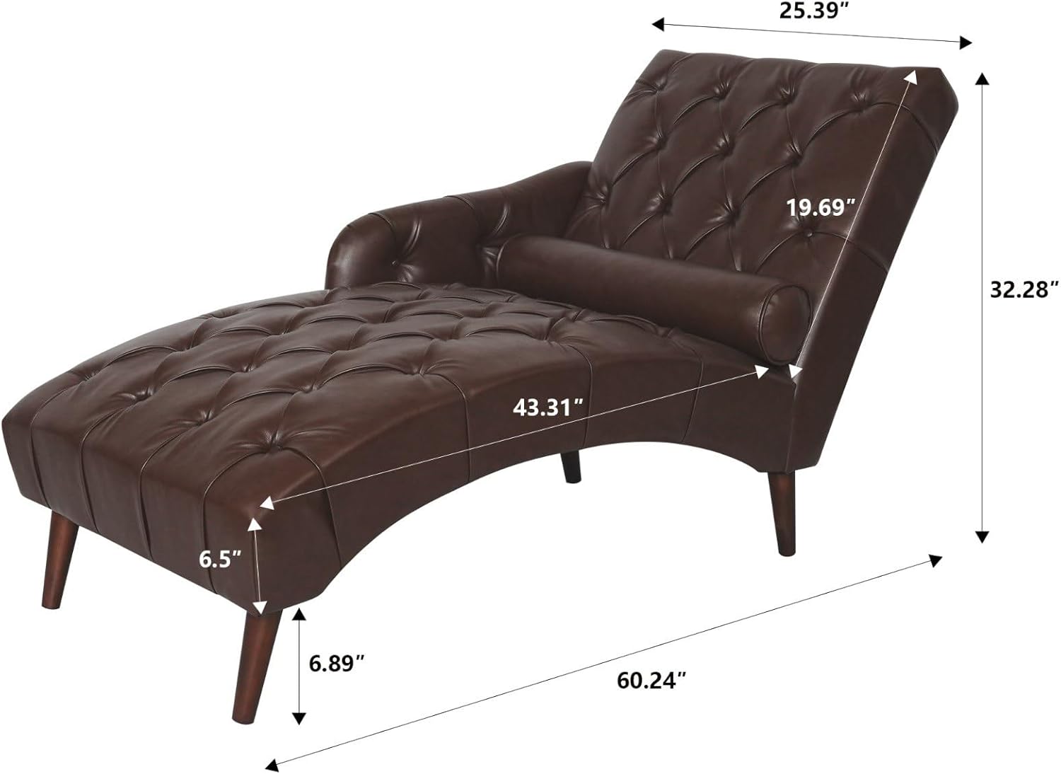 Faux Leather Tufted Classic Chaise Lounge with Bolster Pillow and Armrest, Upholstered Lounge Chair for Indoor Living Room Bedroom, Dark Brown