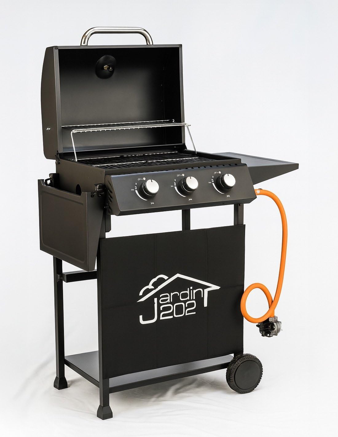 JARDIN202 - Barbacoa Gas Alaska 3 Quemadores | Parrilla Gas con Tapa y Ruedas | Termometro | Mesas Auxiliares Plegables | (Negro)