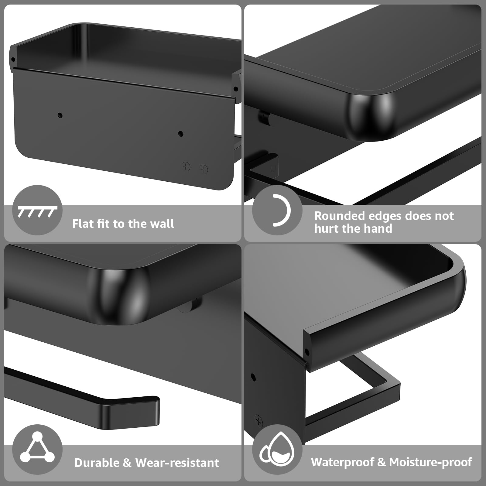 Lucien Toilet Roll Holder No Drilling Required Toilet Roll Holder with Shelf Aluminium Alloy Toilet Paper Holder Wall Mounted for Kitchen and Bathroom (Black) - Image 3