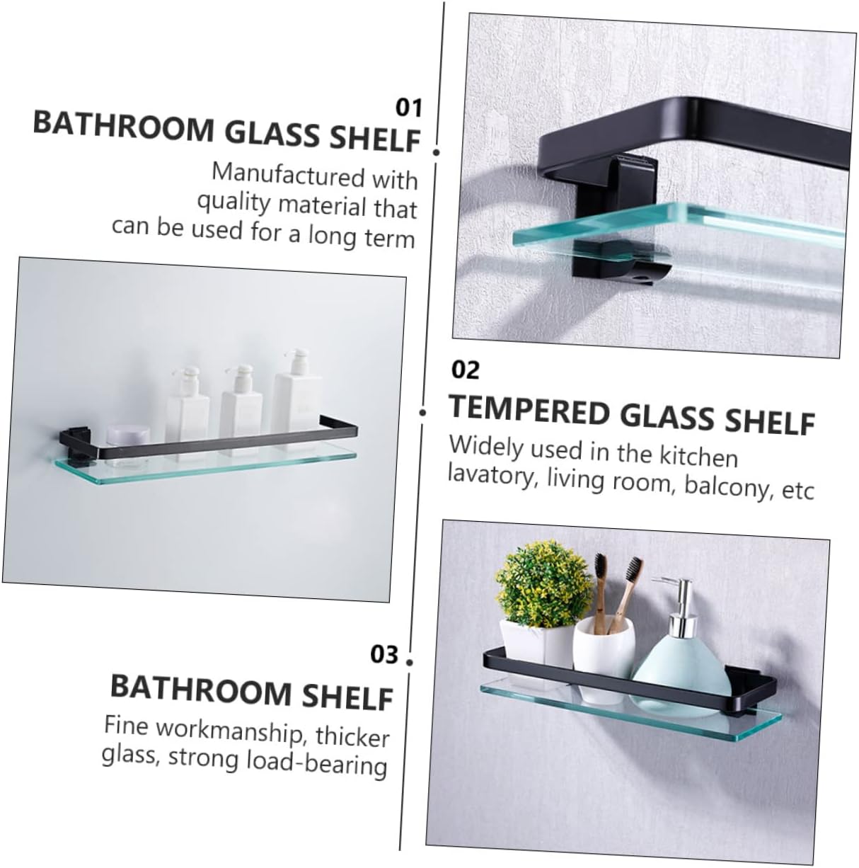 STOBAZA 1Pc Single Wall Mounted Glass Storage Shelf Tempered Glass Multifunctional Organizer for Bathroom Kitchen Living Room
