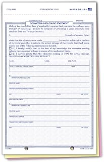 Generic Odometer Disclosure Statements with Blue Screen - 5-2/3" × 9-1/8" 3-Part Snap-Out Carbonless Forms with 2 File Holes for Easy Posting - White, Canary, Pink (Pack of 100)