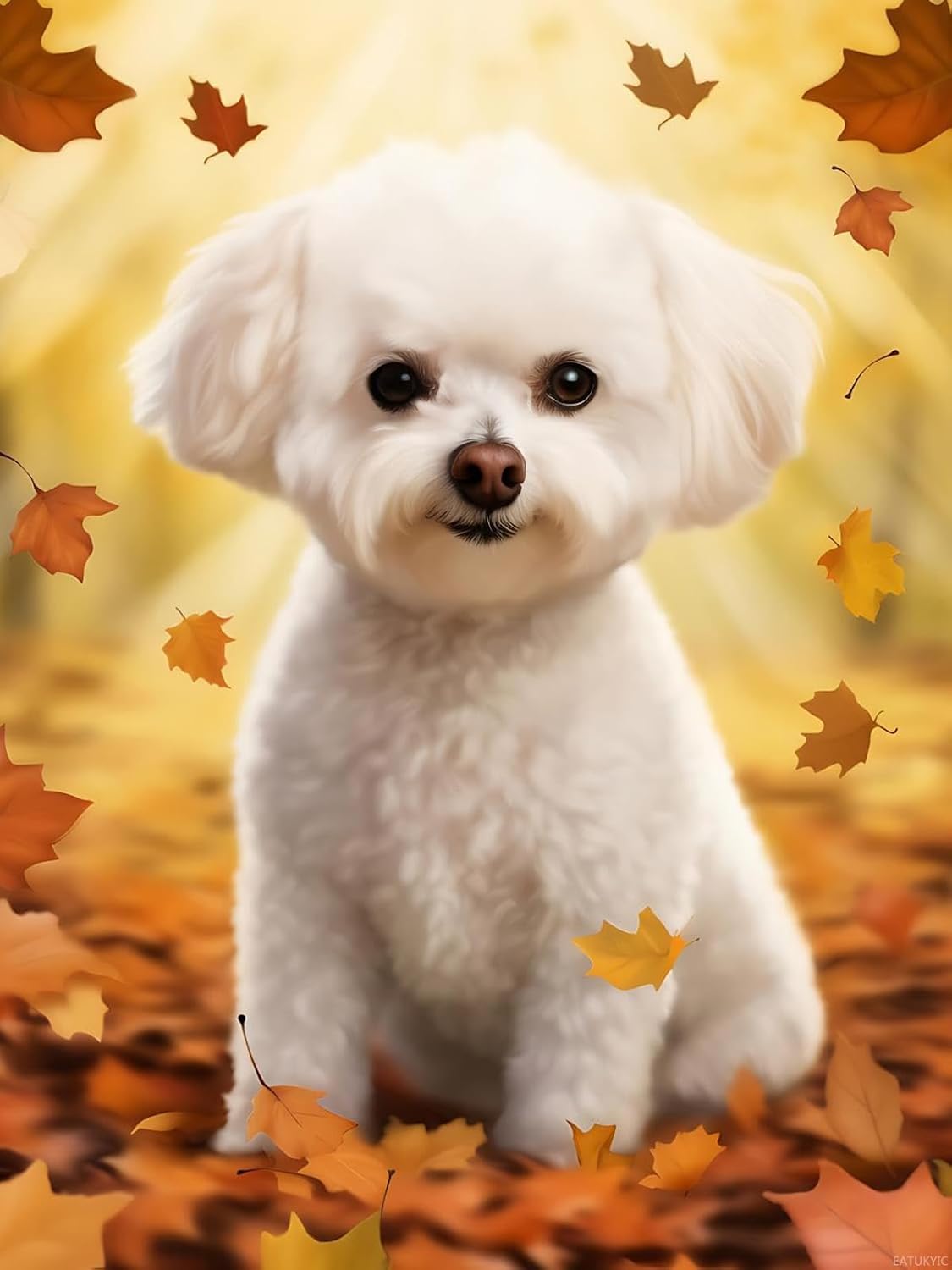 5D DIY Diamond Painting Kits for Adults White Dog Surrounded in Fall Leaves Animal Pet Diamond Art Diamond Painting Full Diamond Kits for Home Wall Decor Gifts 12x16 inch