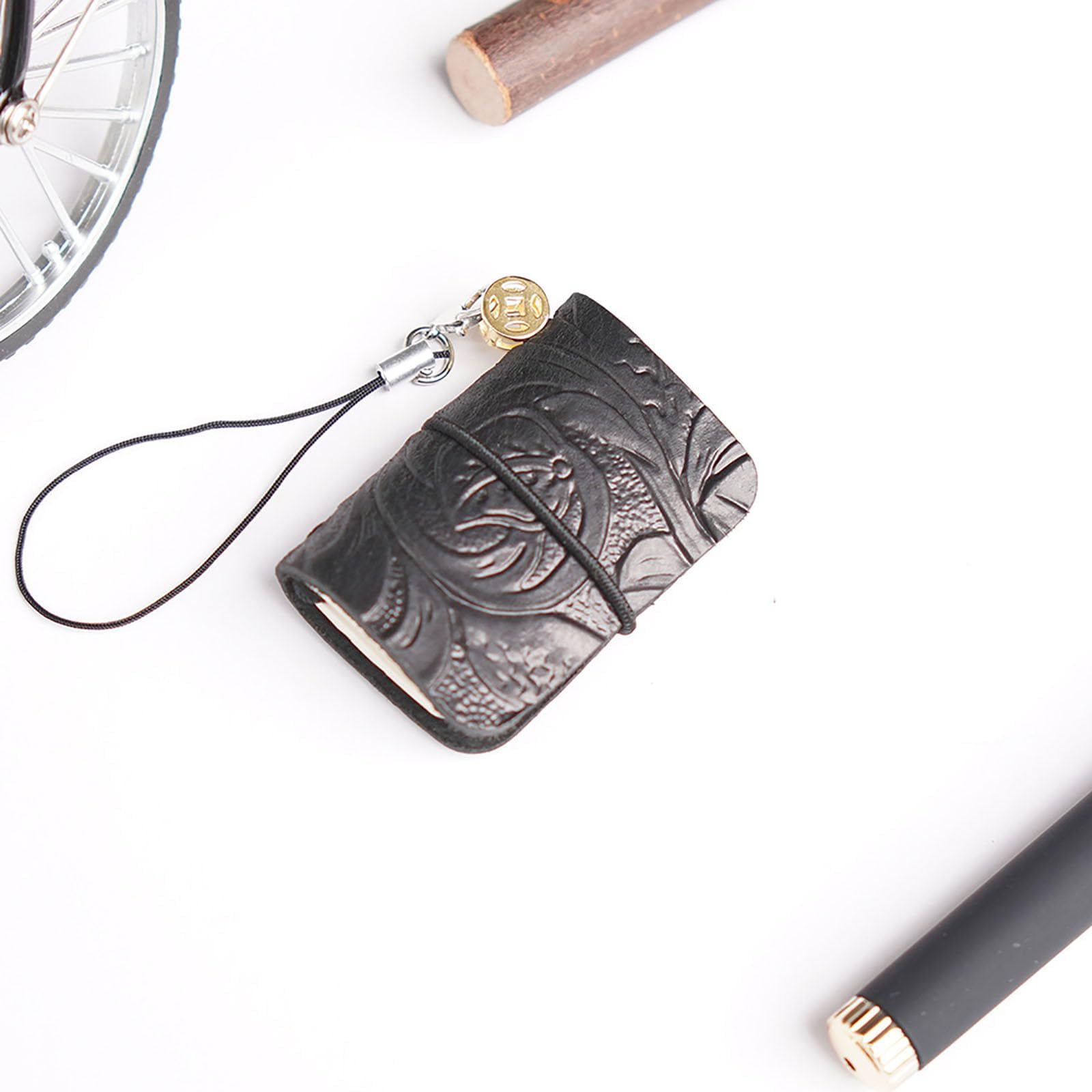 Ultra Mini Pocket Notebook,1.9" x 1.2",PU Leather TN Traveler Notebook,Portable Small Leather Journal,Vintage Engraved Mini Notebooks for Daily Notes,Travel Gift(Black)