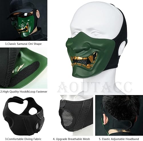 Miniatura 50 de AOUTACC Mascarillas de media cara Airsoft, monstruo demonio malvado, Kabuki, Samurai, Hannya Oni, máscaras protectoras de media cara, baile