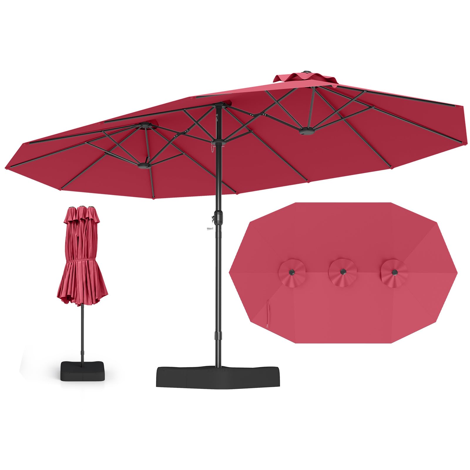 COSTWAY Parasol de Jardin Exterieur avec Pied, Parasol Double Face 4 M Rectangulaire pour 6-8 Personnes avec 2 Sacs de Sable, Manivelle, Ventilation, pour Terrasse, Patio, Piscine, Balcon, Bordeaux