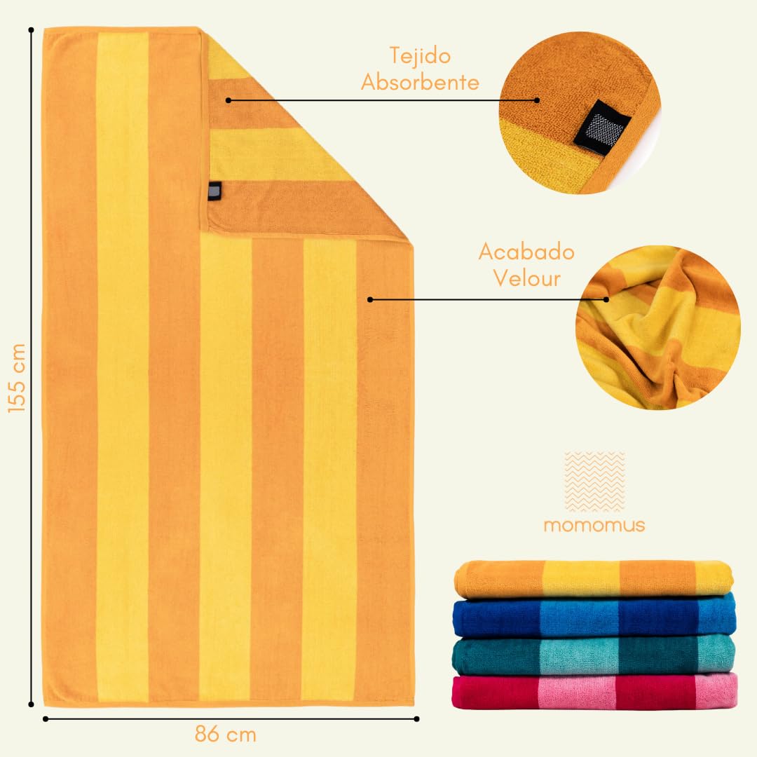 MOMOMUS Toallas de Playa Grandes Juego de 4 86x155 cm Tacto Velour Rayas Cabana Ultraabsorbentes