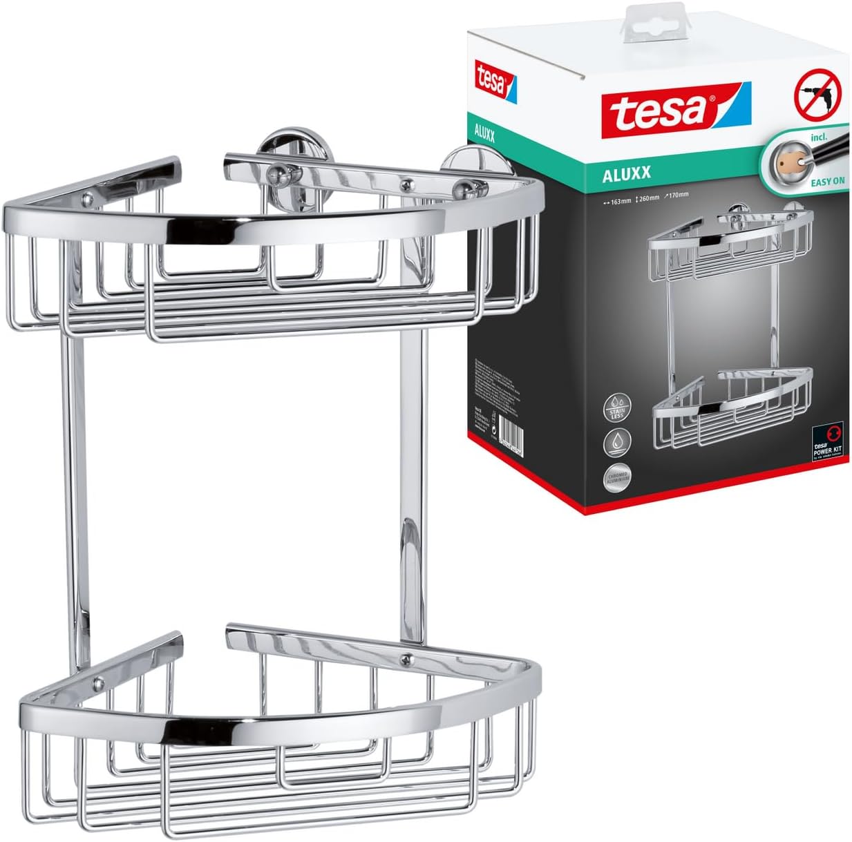 Aluxx Two-Tier Corner Shower Caddy - Self-Adhesive, High-Gloss Chromed Aluminium Shower Basket Organiser - with tesa Power.Kit Adhesive Mounting Technology - 260 mm x 163 mm x 170 mm